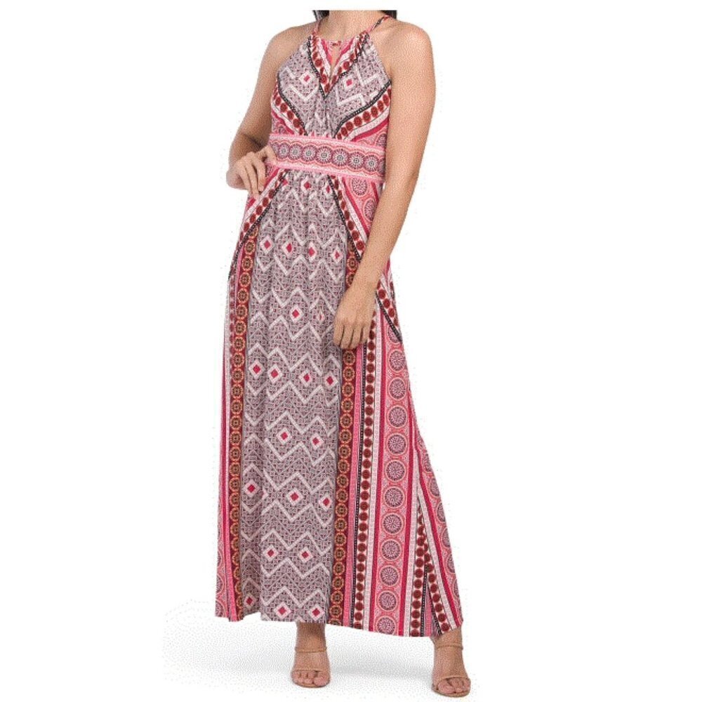 London Times Womens Red Print Sleeveless Jersey Knit Halter Maxi Dress Sz 10 New